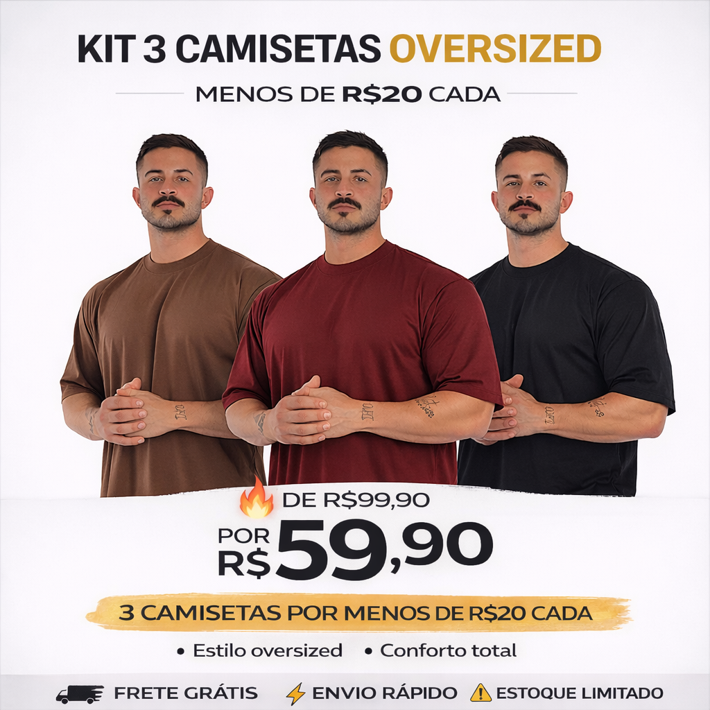 Kit 3 Camisetas Oversized Streetwear Masculina Gola Alta