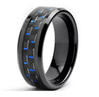 Anel Tungstenio Preta com Fibra De Carbono Azul