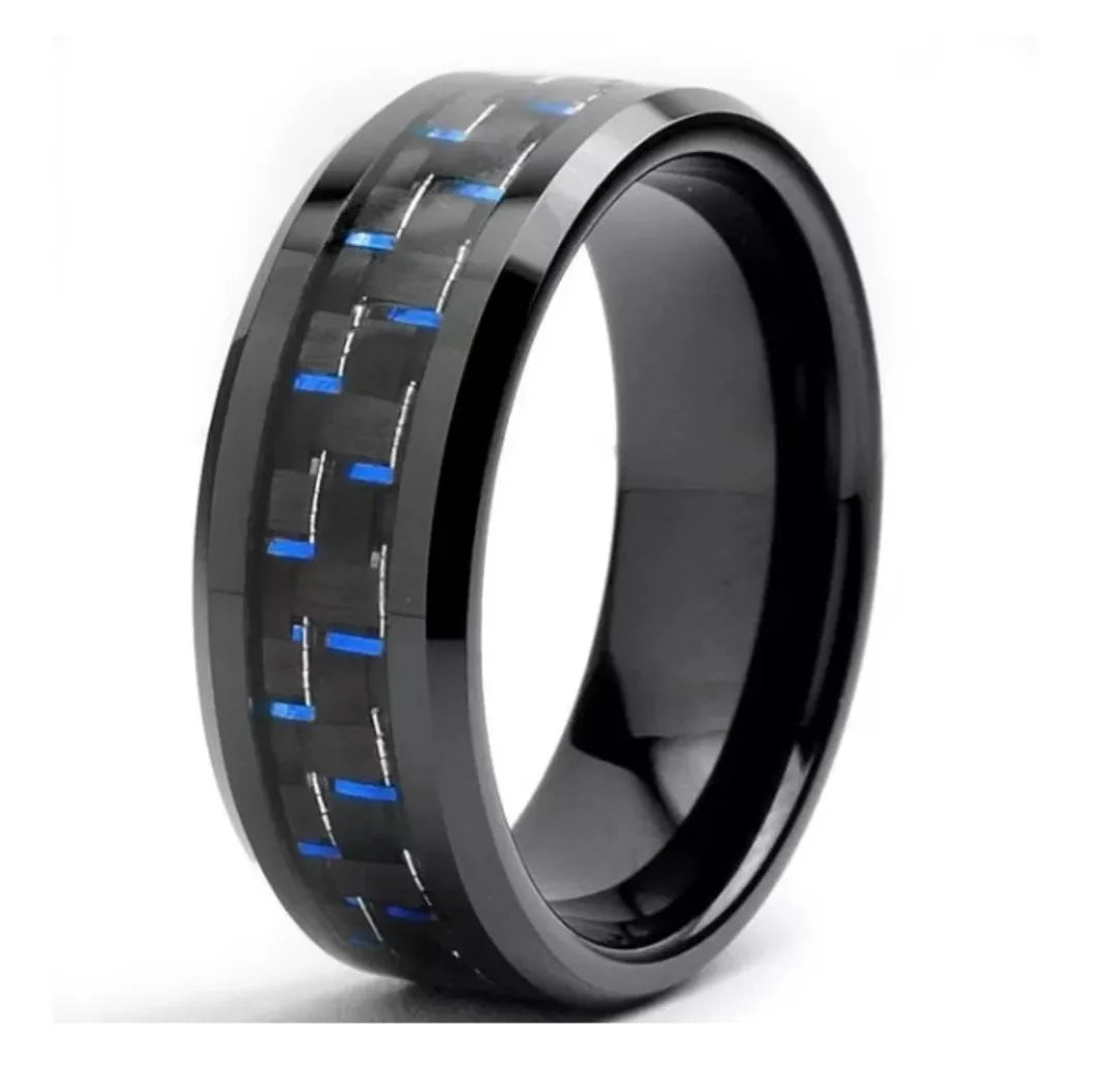Anel Tungstenio Preta com Fibra De Carbono Azul