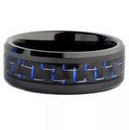 Anel Tungstenio Preta com Fibra De Carbono Azul