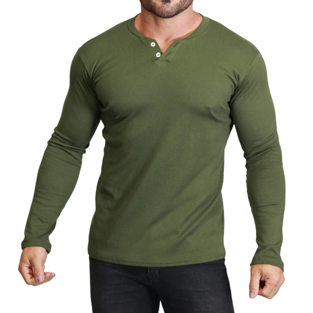 Camiseta Manga Longa Gola Henley Masculina