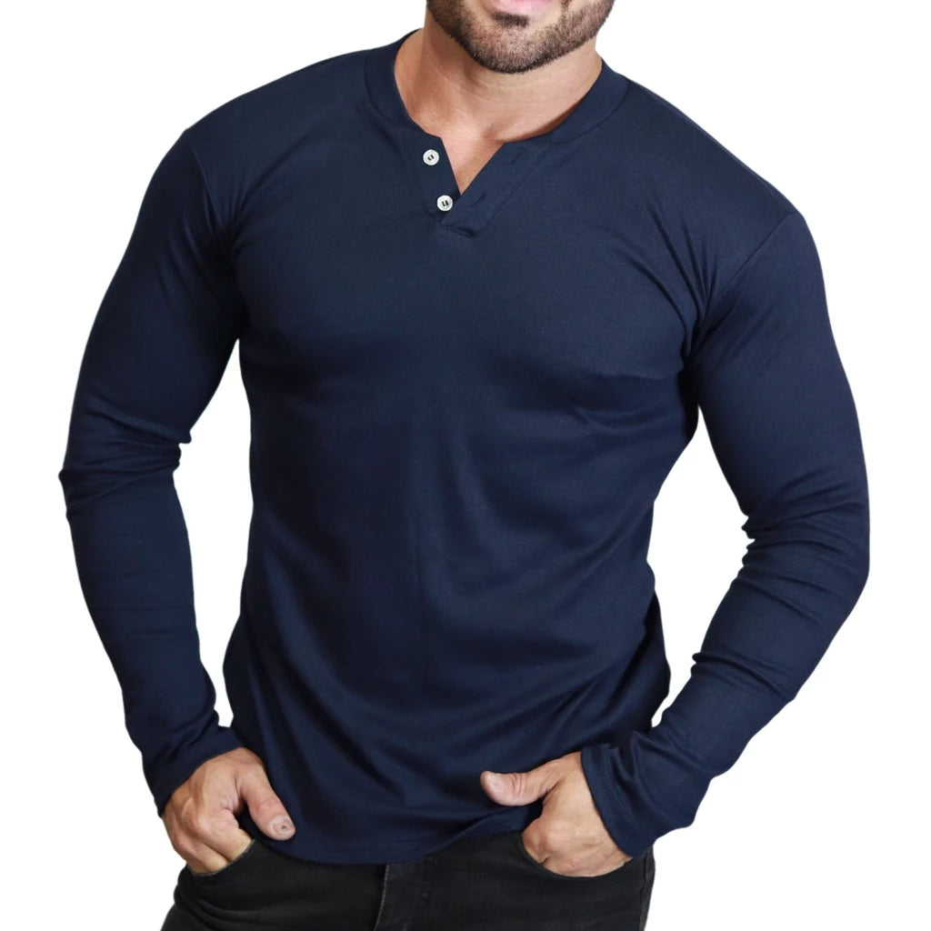 Camiseta Manga Longa Gola Henley Masculina