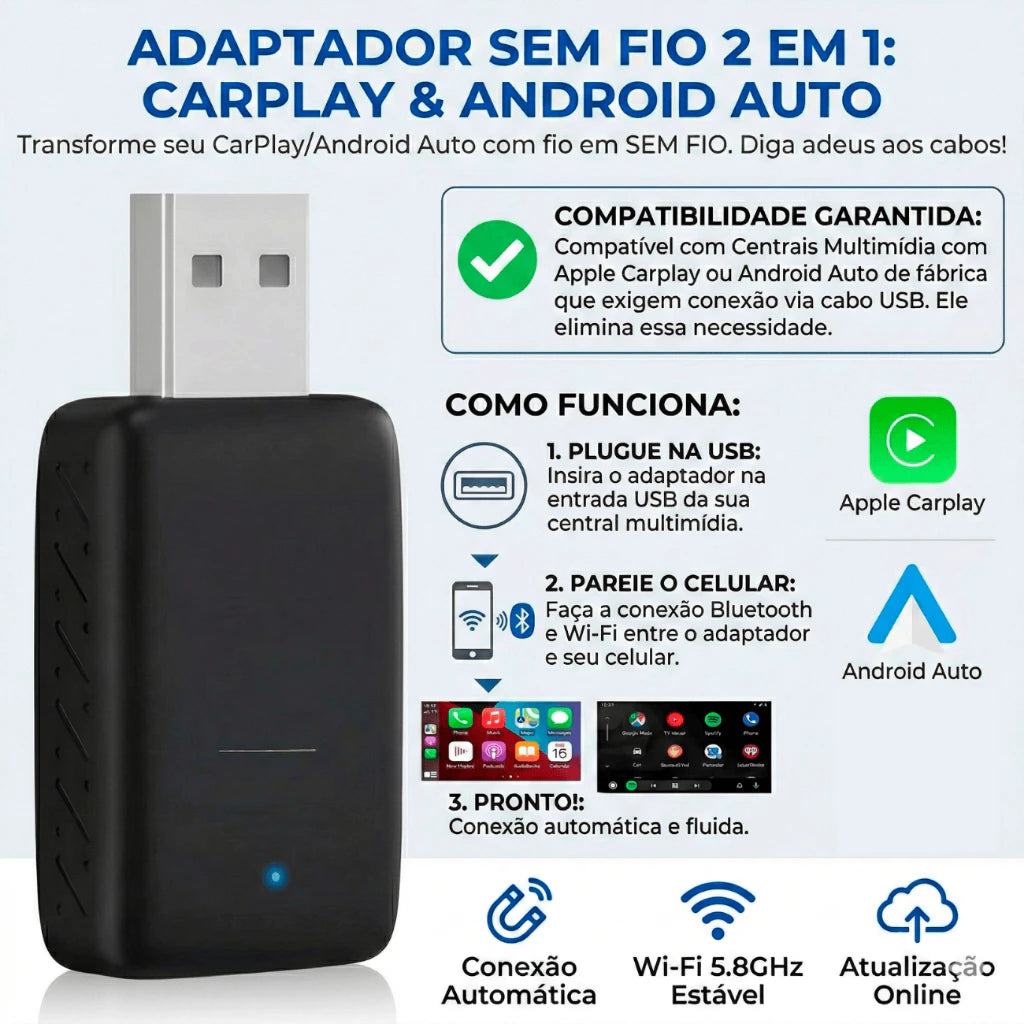 Adaptador Central Multimídia em Android ou CarPlay Auto Sem Fio PlayStore APP YouTube Netflix