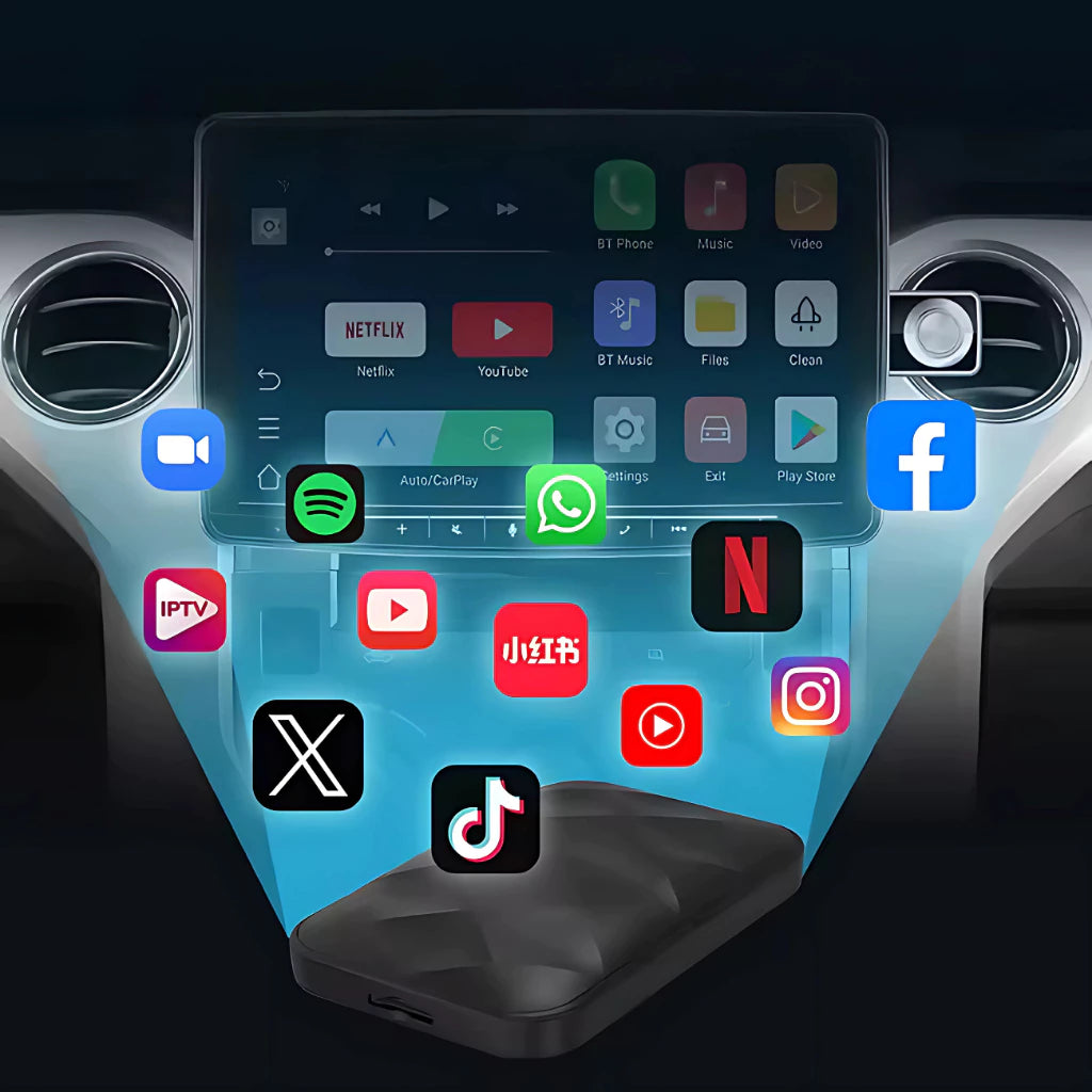 Adaptador Central Multimídia em Android ou CarPlay Auto Sem Fio PlayStore APP YouTube Netflix