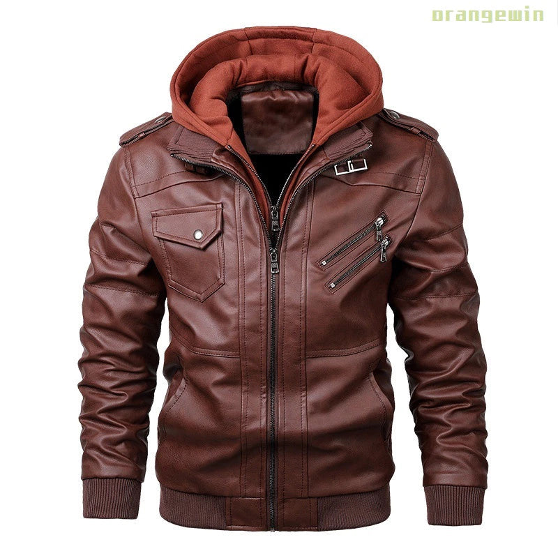 Jaqueta Masculina Com Capuz De Couro