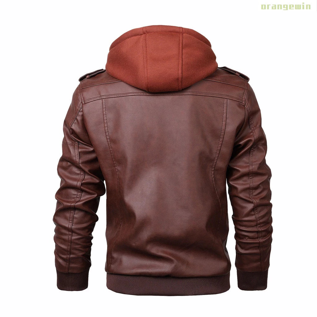 Jaqueta Masculina Com Capuz De Couro